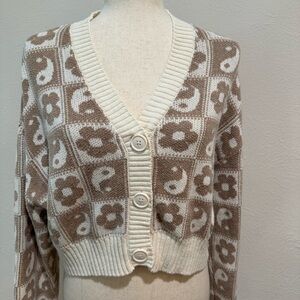 American Eagle Outfitters Cardigan - Cream and Brown Yin and Yang Size M
